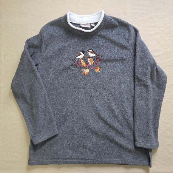 Croft & Barrow Woman's Grey Fleece Long Sleeve Sweater with Birds Design size XL - Picture 3 of 7